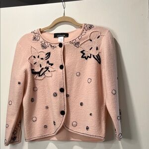 Jones New York Merino Wool Pink Cardigan with Beaded Accents S